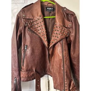 William Rast Biker Motorcycle Jacket Women's Size L Brown Vegan Leather Studded
